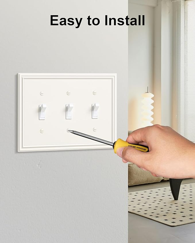 2-Pack Triple Toggle Light Switch Cover Plate, Durable Solid Zinc Alloy Decorative Switch Plate Covers, Light Almond 3 Gang Wall Plate, Corrosion Resistant