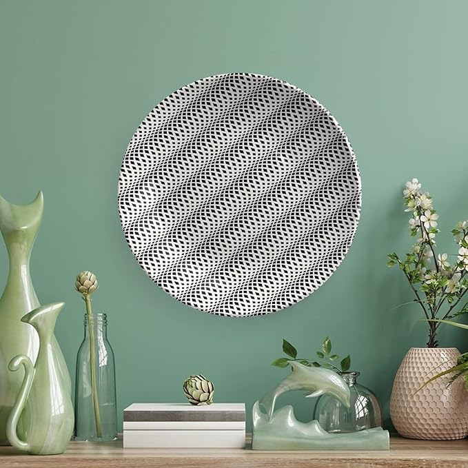 Ceramic Display Plate, Abstract Ceramic Hanging Decorative Plate, Wavy Rhombus Abstract Modern Monochrome Decor, 8 Inch, Household Custom Ceramic Plate, Black White