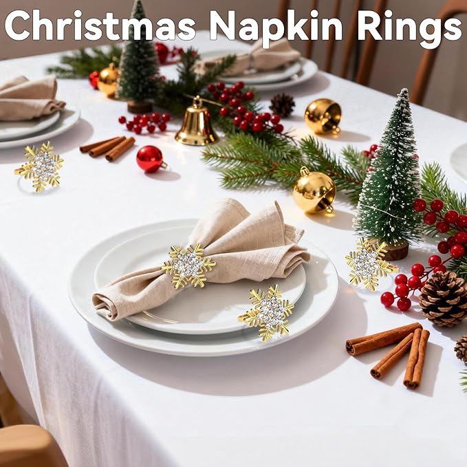 ZeeDix Christmas Gold Snowflake Napkin Rings Set of 8, Napkins Ring for Dinning Table - Rustic Dinner Tables Decoration for Wedding Receptions Christmas Thanksgiving Holiday Party Dinner Parties