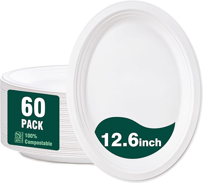 DaYammi 100% Compostable Oval Paper Plates 12 Inch, 60-Pack Heavy Duty Paper Plates Bulk,Biodegradable Bagasse,Eco-Friendly Disposable Dinner Plate for BBQ,Picnic,Party (BPI Certified,Microwaveable)