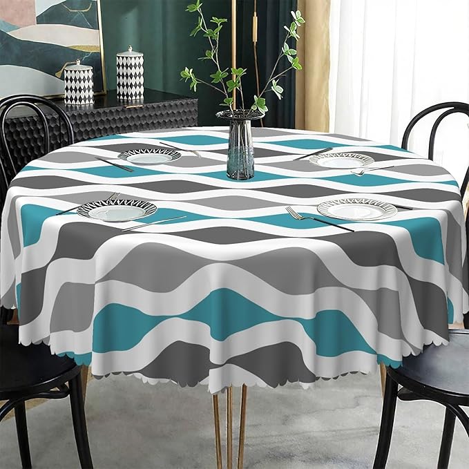 Laeacco 48 Inch Geometric Round Tablecloth Blue and Grey Waved Stripes Modern Abstract Art Print Table Cloth Washable Waterproof Wrinkle Free Table Cover for Kitchen Dining Picnic Party Decoration