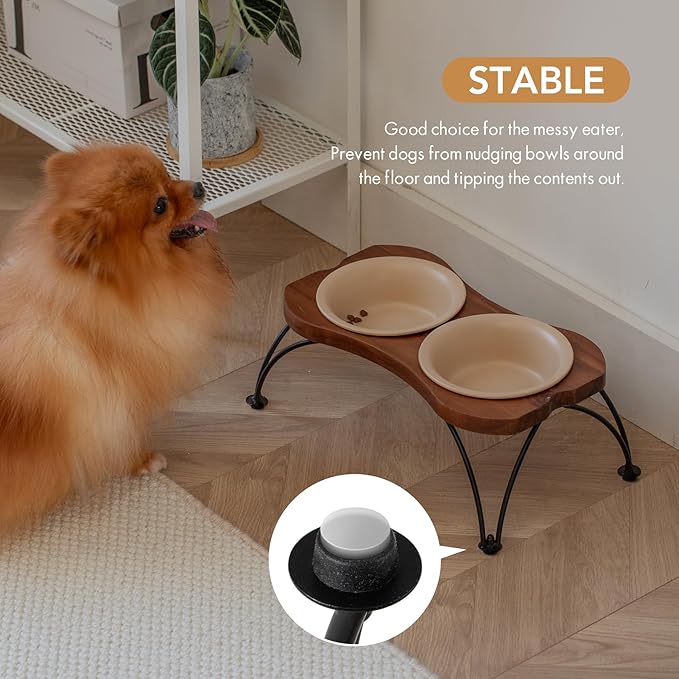 Ceramic 6.3-inch Raised Double-Bowl Set with Non-Slip Stand, 1.5 Cup Food or 15 oz Water Dishes for Small Dogs, Wide Opening with Rounded Edges(Oat Beige)