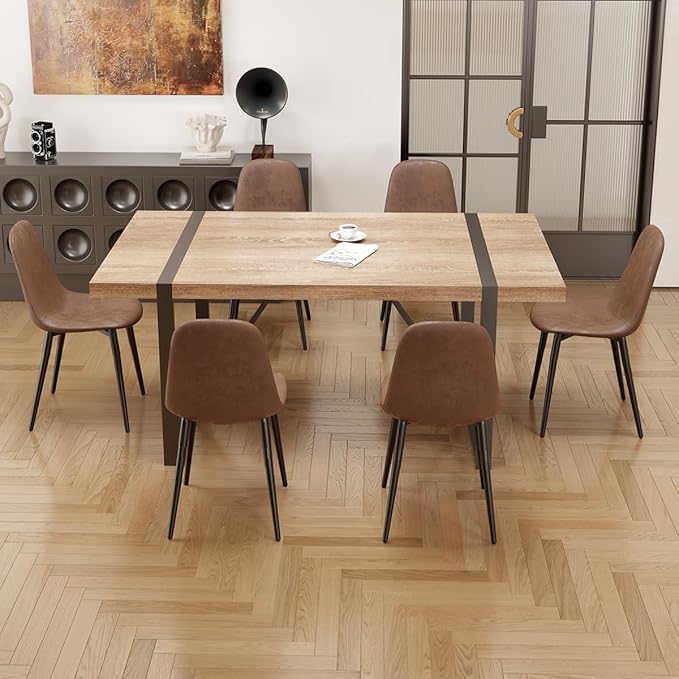 Dinner Table Set for 6, Modern 71'' Rectangle Wood Dining Table and Fabric Chairs Set of 6,Dining Table Set for 6 with Chairs, Ideal for Kitchen Dining Room