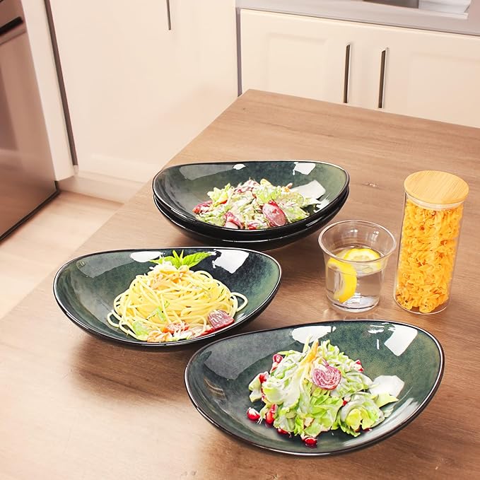 Ceramic Serving Platters Set of 4, 12.1 Inch Curved Oval Salad Plates for Entertaining, Modern Kitchen Dishes, Trays for Dinner, Fruit, Salad, Pasta, burgers - Dishwasher Microwave Safe