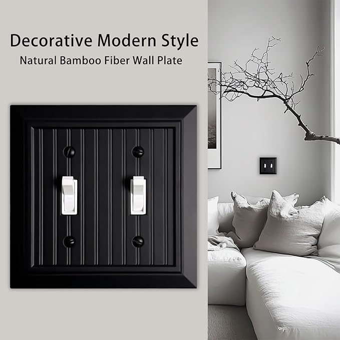 Beadboard Outlet Covers Wall Plates, Bamboo Fiber Light Switch Covers, Natural Material Electric Receptacle Decorative Switch Plate Outlet Cover Matte Black (2 Gang Toggle 2 Pack)