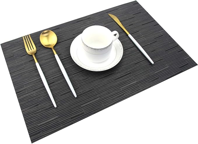 Placemats for Dining Table Washable Woven Vinyl Placemats Heat-resistand Table Dinner Placemats Set of 6 (Black)