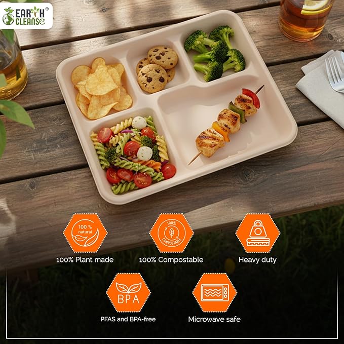 case of 200 5-Compartment School Tray – Eco-Friendly, Biodegradable, Microwave & Freezer Safe – Ideal for Catering, Takeaway & Events – Bulk Pack – Sustainable Disposable Tableware