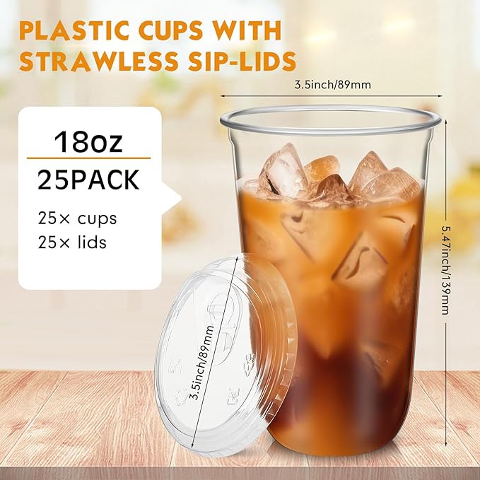 25 Sets 18 oz Clear Plastic Cups with Strawless Sip Lids, Thickened Clear Disposable Plastic PET Crystal Cups for Iced Coffee, Smoothie, Cold Beverage, Drink Shops and Party Catering