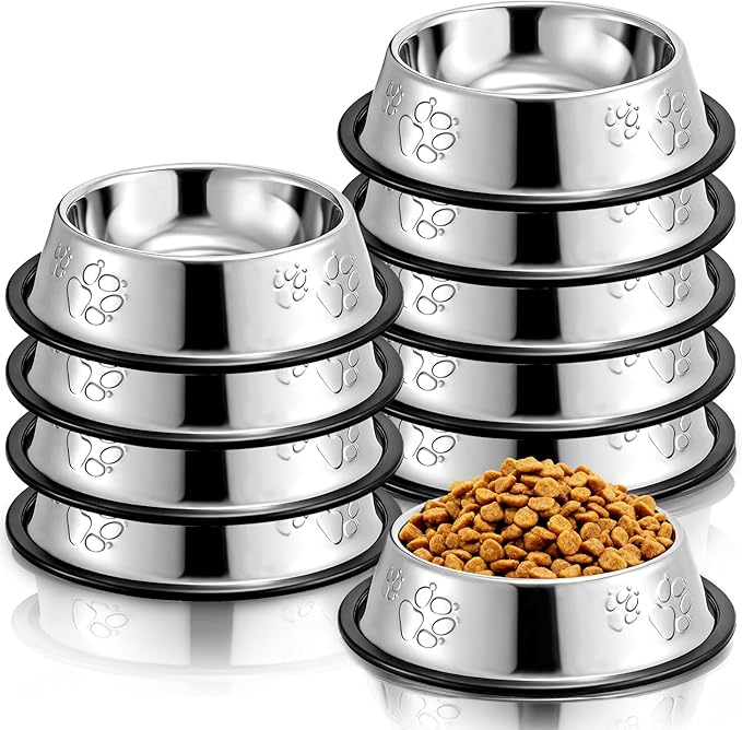 10 Pack Stainless Steel Cat Bowl, 7 Oz Mini Shallow Puppy Pet Bowls with Rubber Base, Stackable Dog Food Water Feeding Dish for Indoor Kitten Small Dog (XS)