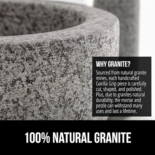 GORILLA GRIP Heavy Duty Mortar and Pestle Set with Slip Resistant Base, 100% Granite Stone Molcajete Guacamole Bowl, Grind Seeds, Garlic, Herb, Kitchen Muddler, Christmas Gifts for Chefs, 1.5 Cup Gray