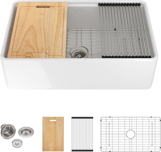 Sarlai 30 White Farmhouse Kitchen Sink - 30x20 Inch Farm Kitchen Sink Ledge Workstation White Ceramic Porcelain Fireclay Farmer Sinks 10" Inch Deep Single Bowl Basin with Assesories