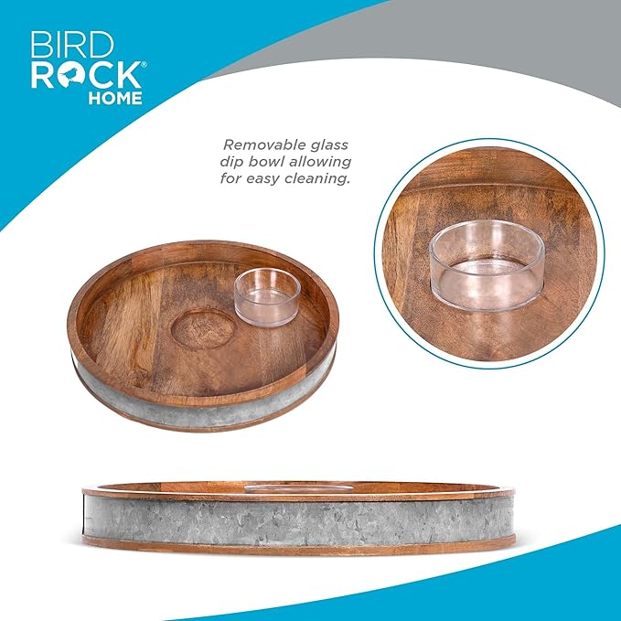 BIRDROCK HOME Wooden & Iron Chip Dip Serving Tray w/Glass Dip Bowl | Extra Large Decorative Kitchen Platter | Salsa, Guacamole, Veggies, Cheese | Decor for Coffee Table, Dining & Living Room - Round
