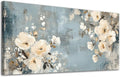 ADJUVANT Wall Art Vintage Floral 40" L x 20" W, Creamy Flowers On Distressed Blue Background Canvas Painting Blossoms Artwork Prints Floral Wall Decor for Living Room Bedroom Dining Room Home Office