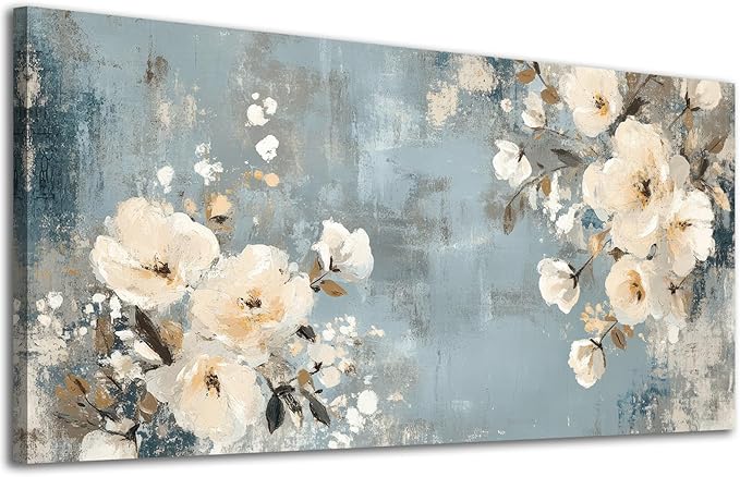 ADJUVANT Wall Art Vintage Floral 48" L x 24" W, Creamy Flowers On Distressed Blue Background Canvas Painting Blossoms Artwork Prints Floral Wall Decor for Living Room Bedroom Dining Room Home Office