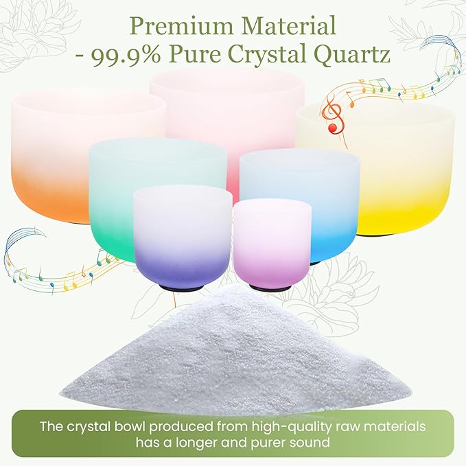 432HZ 6-12 Inch 7 Pcs Gradient Frosted Crystal Singing Bowl Set for Meditation Healing Yoga Chakra Quartz Crystal Sound Bowls with Heavy Duty Carry Cases and Rubber Mallet,Suede Striker,O-rings