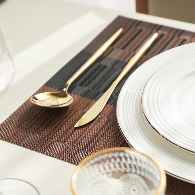 Placemats Set of 4 Vinyl/Plastic Woven Place Mats for Kitchen Table Indoor/Outdoor Washable Placemat Wipeable Dining Table Mats (Ombre Brown Black,4)
