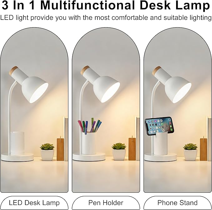 WLHONG LED Desk Lamp, Table Lamps with Pen Holder, 3 Color Modes Eye-Caring Reading Light with Flexible Gooseneck, Study Lamp for Kids Bedside Home Office Room College Dorm Essentials (White)