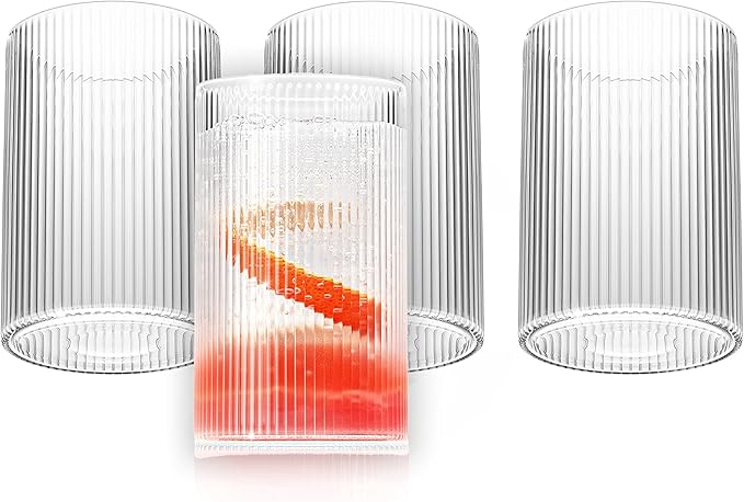 LEMONSODA Vintage Straight Line Highball Cocktail Drinking Glasses and Tumblers 10oz, 12oz (12 oz, Set of 4) [2072]