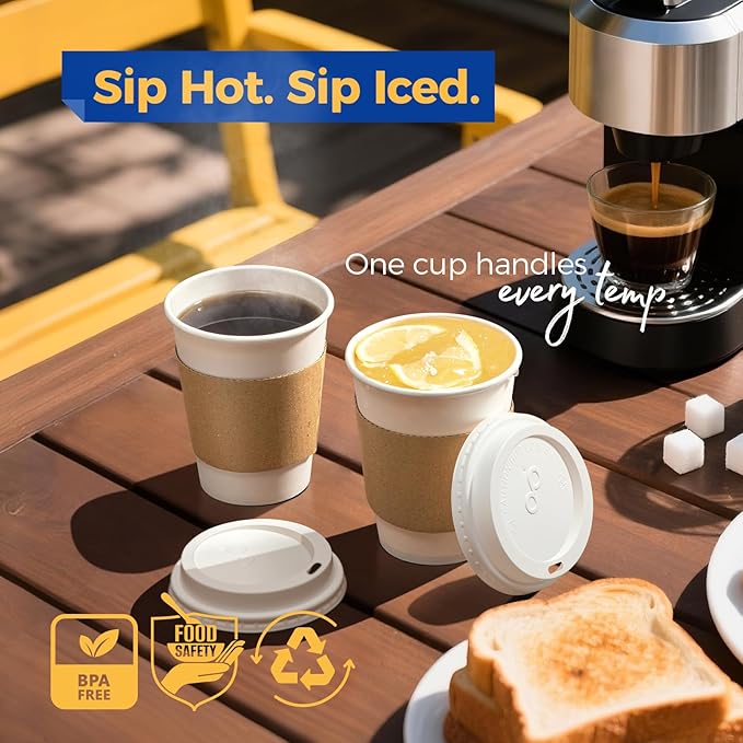 Fit Meal Prep 500 Pack 12 oz Disposable Coffee Cups with Lids, Sleeves, Leak-Proof To Go Coffee Cups with Lids, Durable Hot Paper Cups for Hot Cocoa and Coffee Bar Supplies
