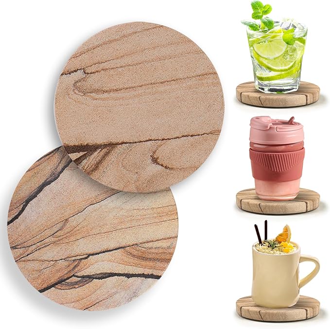 Natural Sandstone Coasters Set of 2 (No Holder), 4 in Dia Drink Coasters for Coffee Table, Water Absorbent & Heat Resistant Cup Coasters for Home & Office, Christmas Birthday Gift