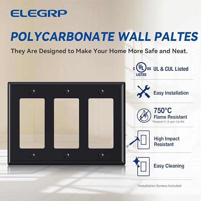 ELEGRP 3-Gang Decorative Wall Plates, Standard Size 4.53" H x 6.39" L Unbreakable Thermoplastic Faceplate Cover for Decorator Receptacle Outlet Switch, UL Listed (5 Pack, Glossy Black)