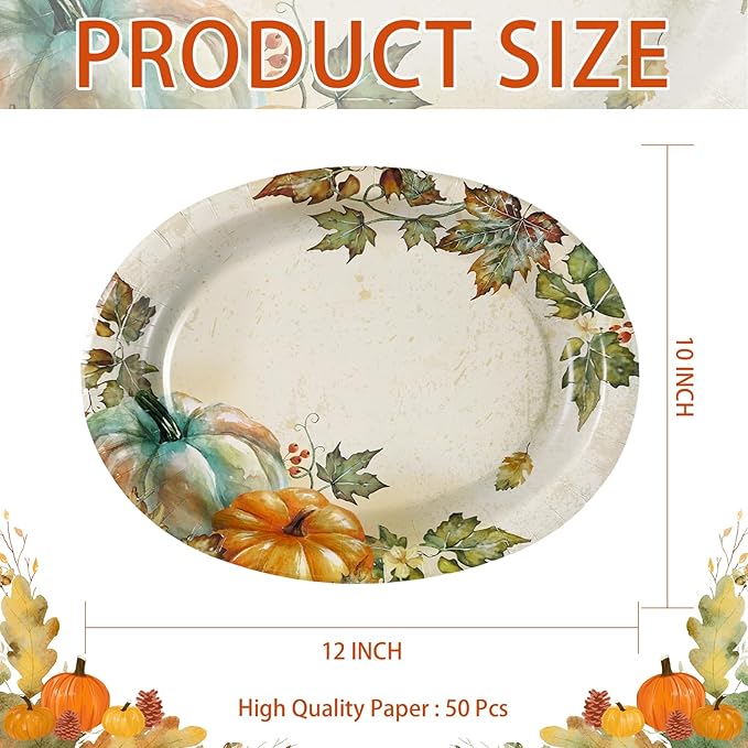 50 Pcs Fall Oval Paper Plates 10"×12" Large Vintage Watercolor Pumpkins Plates Disposable Heavy Duty Thanksgiving Platters for Fall Thanksgiving Party Decorations Autumn Holiday Harvest Party Supplies