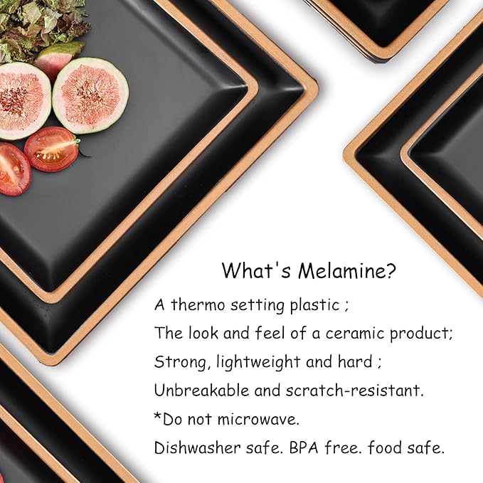 Melamine Dinnerware Sets Service for 4, Square Dinner Plates and Bowls Set,12-Piece Set Non-breakable Lightweight Dinner Tableware for Indoor/Outdoor Use