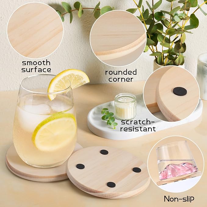 60 Pieces Unfinished Wood Coasters, GOH DODD 4 Inch Wooden Blanks with Non-Slip Pads for Laser Engraving Wood Burning Staining Painting Decoupage Housewarming Gifts Wedding Crafts Education, Round