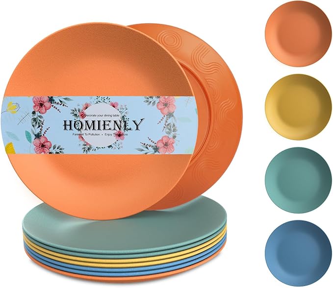 Homienly Flat Dinner Plates Set of 8 Alternative for Plastic Plates Microwave and Dishwasher Safe Wheat Straw Plates for Kitchen Unbreakable Kids Plates with Pattern (Multi, 9 inch), MS 01
