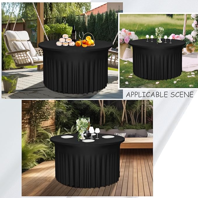 4 Pack Black Round Table Skirt, 48 Inch Diameter x 30 Inch Height, Stretch Polyester Spandex Tablecloth for 4ft Tables, Stain & Wrinkle Resistant for Wedding, Party, Banquet Decor