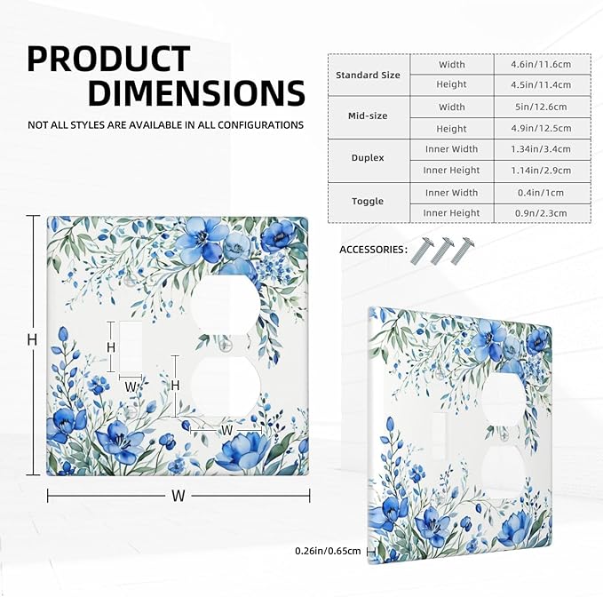 Light Switch Cover Plate Blue Watercolor Flowers Retro Floral Leaves 2 Gang Decorative Switch Plates 1 Toggle Duplex Combo Outlet Covers GFCI Wall Plates for Bathroom Bedroom Decor