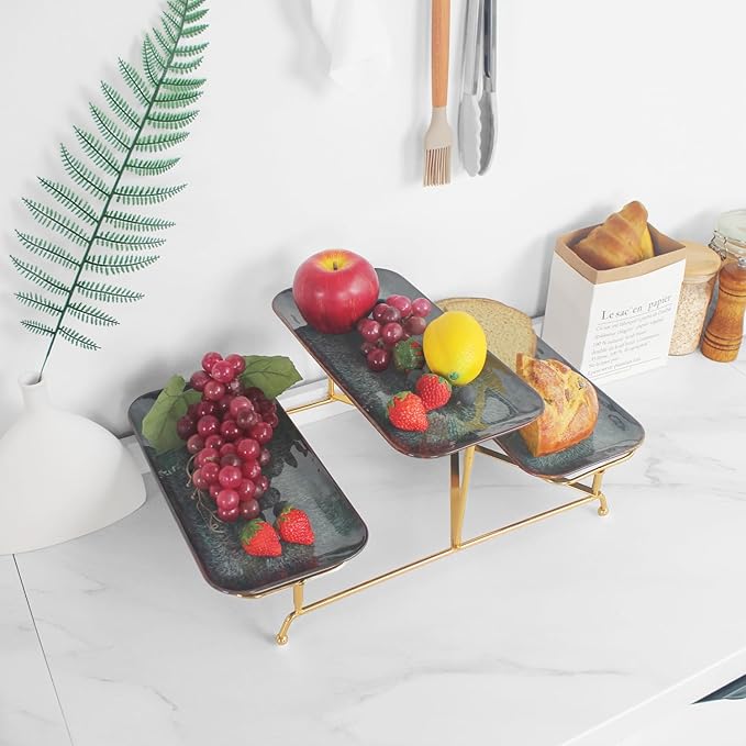 3 Tier Serving Trays for Party, 12 Inch Porcelain Serving Platters and Tiered Trays, Foldable Sturdy Gold Stand, for Food Display, Fruit, Cake Dessert, Decoration Entertaining, Black