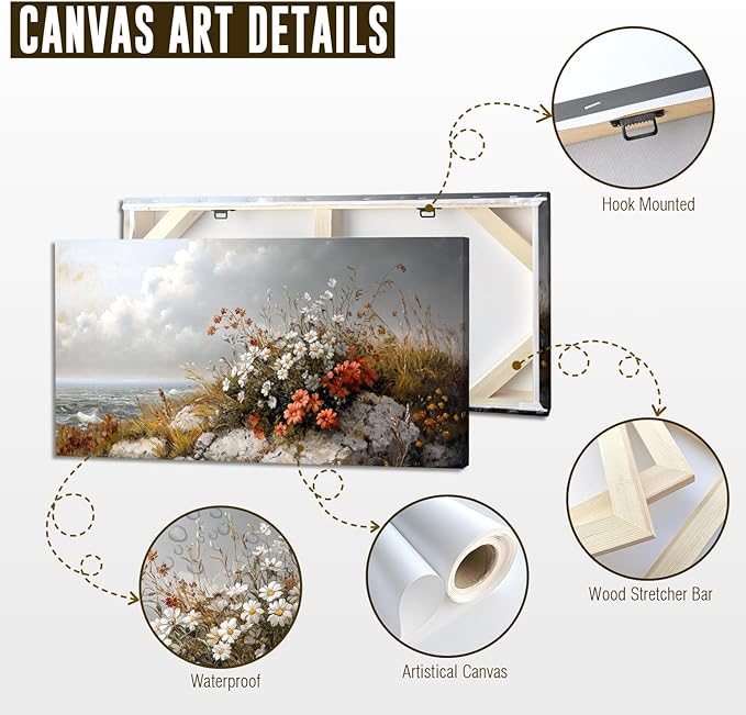 ADJUVANT Wall Art Vintage Coastal Floral Scene 60"L x 30"W, Seaside Wildflowers By The Ocean Canvas Painting Nature Artwork Coastal Blooms Prints Botanic Decor for Living Room Bedroom Bathroom Home Office
