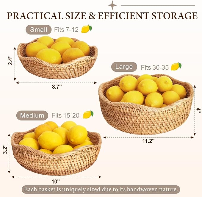 Artisanal Rattan Bread Baskets for Serving, Hand Woven Decorative Bowl, Natural Wicker Fruit Basket for Kitchen Counter, Bread Basket for Serving, Fruits, Snacks, Nuts, Keys, Wallets, Etc.(Wave-Combo)