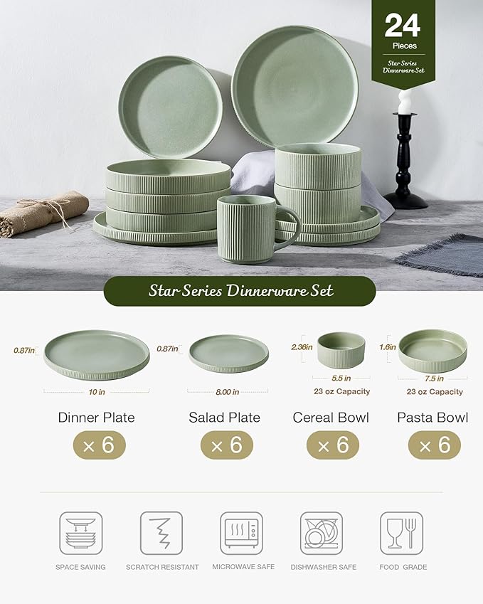 Famiware Star Dinnerware Set with Pasta Bowls, Service for 6 (24 Pieces), Ribbed Stoneware Plates and Double Bowls Sets - Chip & Scratch Resistant, Microwave & Dishwasher Safe Dishes, Matte Sage Green