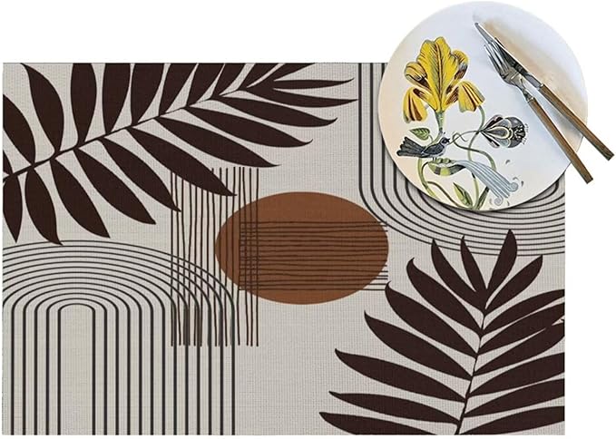 Mid Century Abstract Boho Placemats Geometric Neutral Beige Modern Leaf Plant Semicircle Art Washable Place Mats 12x18Inch for Dining Kitchen Farmhouse Decor 6 PCS
