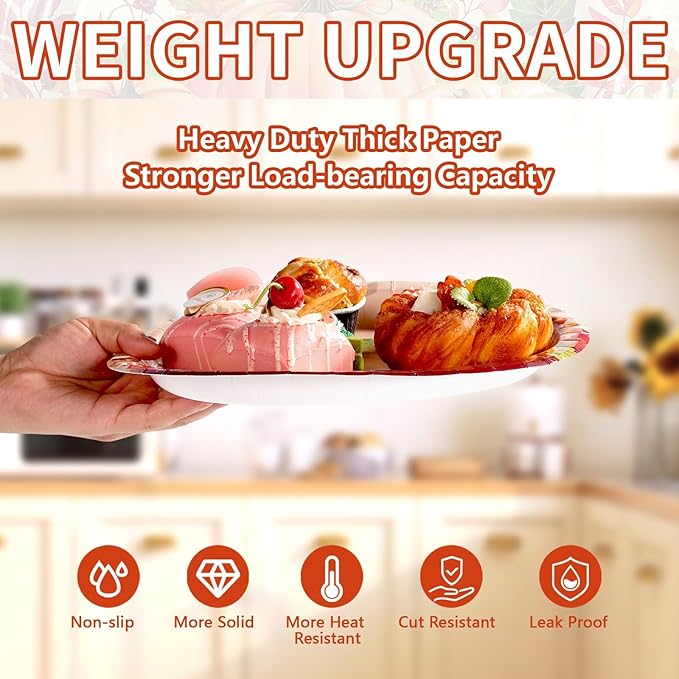Grencian 50Pcs Fall Oval Paper Plates 10" x 12" Large Disposable Heavy Duty Pumpkin Plates Thanksgiving Pumpkin Sunflower Paper Platters for Thanksgiving Fall Harvest Holiday Decorations