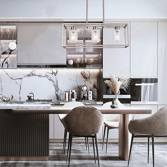 XILICON Dining Room Lighting Fixtures Hanging Farmhouse Brushed Nickel 3 Light Modern Pendant Lighting Contemporary Chandeliers with Glass Shade for Living Dining Room Bedroom Kitchen Island