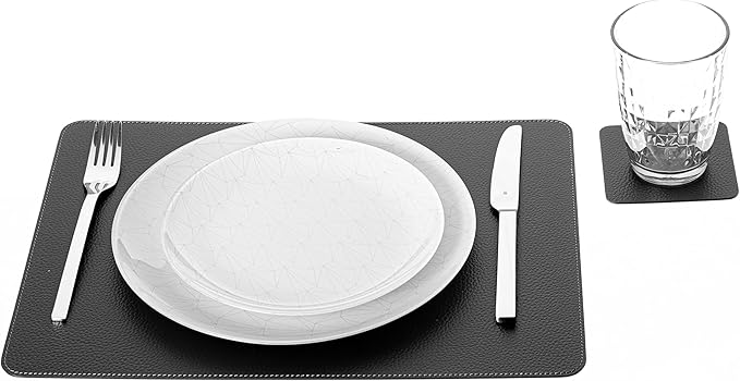 Nikalaz Set of Small Black 4 Placemats and 4 Coasters Made of Recycled Leather, Place Mats (15.7'' x 11.8'' and Coasters 3.9'' x 3.9'', Black)