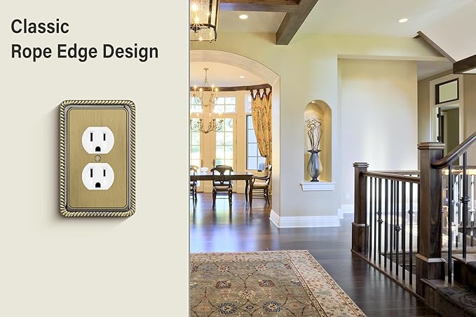 Henne Bery Rope Edge Decorative Wall Plate Switch Plate Outlet Cover (Single Duplex, 2 Pack, Antique Brass)