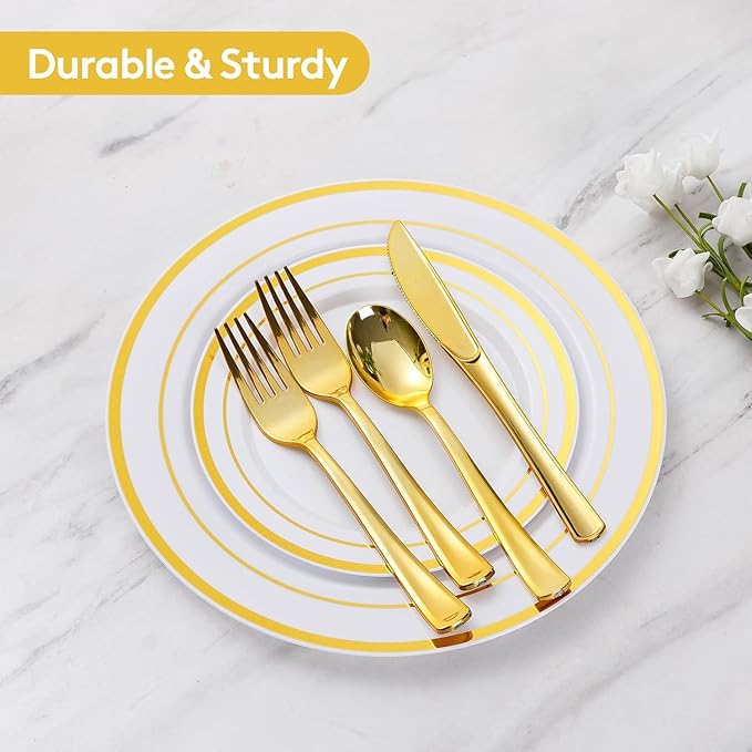 Goodluck 420 Pieces Gold Disposable Plates for 70 Guests, Plastic Plates for Party, Dinnerware Set of 70 Dinner and 70 Dessert Plates, 70 Spoons, 70 Forks, 70 Knives, 70 Cups