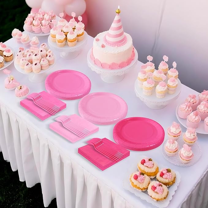 Serves 35 Guests Gradient Pink Plates and Napkins Party Supplies,7" Gradient Pink Birthday Dessert Paper Plates and Napkins,Disposable Party Dinnerware for Wedding,Graduation