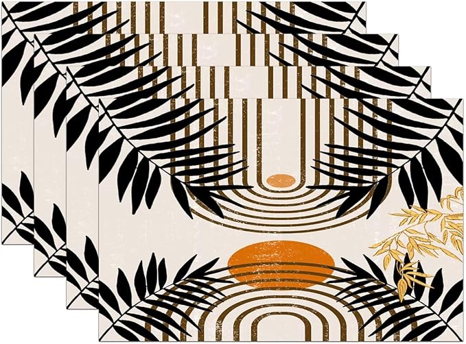 Vintage Mid Century Boho Placemats for Abstract Sun Bamboo Aesthetic Arch Curve Leaves Geometric Washable Place Mats 12x18Inch for Dining Kitchen Farmhouse Decor 4 PCS