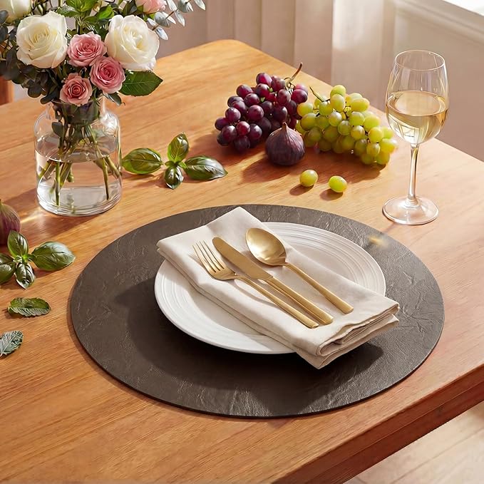 Artoid Mode Coffee Faux Leather Placemats Set of 6, 15 Inch Waterproof Wipeable Heat Resistant Vinyl Place Mats, Reversible Table Mats for Kitchen Dining Decor