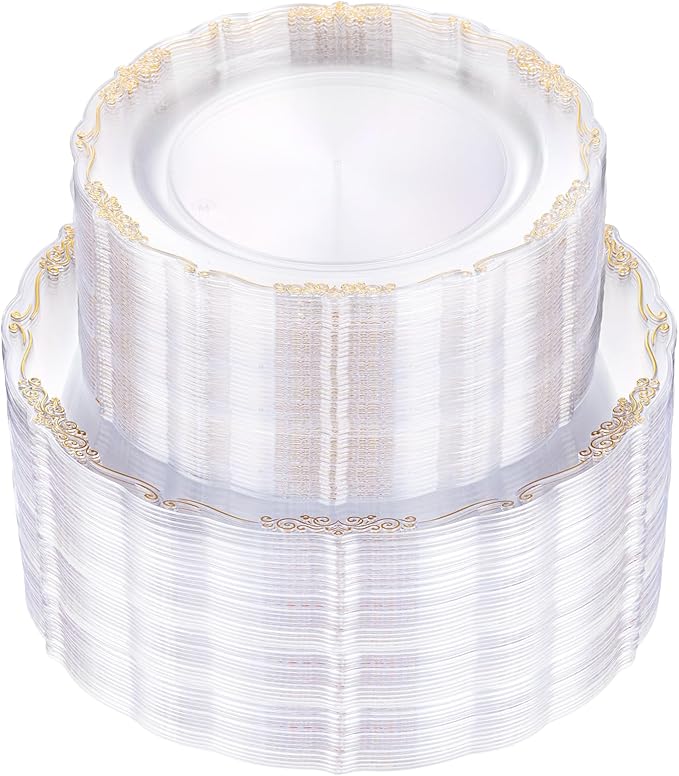 U-QE 100PCS Clear Gold Plastic Plates - Disposable Heavy Duty Clear Plates with Gold Rim Including 50PCS 10'' Dinner Plates & 50PCS 7.5'' Dessert Plates Perfect for Party, Weddings
