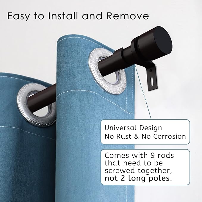 Curtain Rods for Windows 16 to 144 Inches Adjustable Length 1 Inch Diameter Window Curtain Rod with Aluminium End Cap, Antique Bronze
