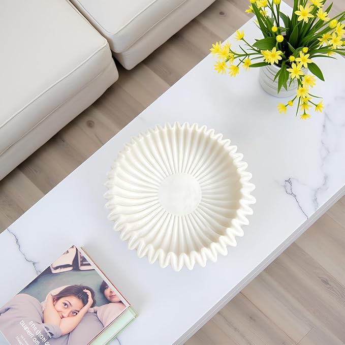 Braxio Decorative Bowl Modern Home Decor – White Ruffle Bowl Decorative Catchall for Entryway Dining Table Living Room Centerpiece Key Holder Fruit Bowl 9 x 9 x 2.6 Inch Art Deco Style