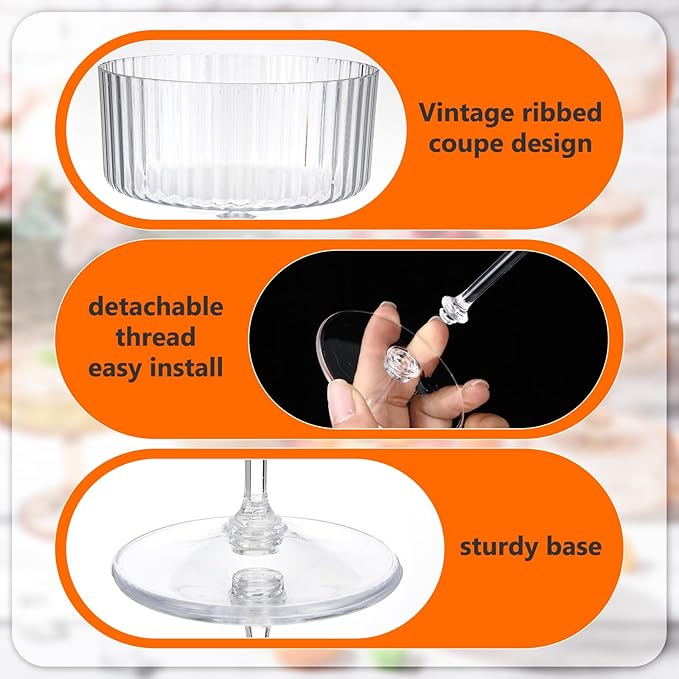 24 Pcs Ribbed Martini Glasses 10 oz Disposable Plastic Vintage Ribbed Coupe Glasses Unbreakable Dessert Parfait Glassware for Wedding Birthday Party Supplies (Clear)