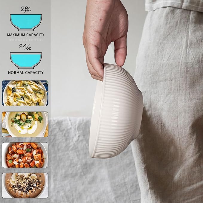Artena Ceramic Cereal Bowls 26 oz, Embossment Soup Bowls Set of 4, White Salad Bowl for Kitchen, Dinner, Breakfast, Oatmeal, Rice, Pasta, Dishwasher Microwave Safe Bowls (Stripes)
