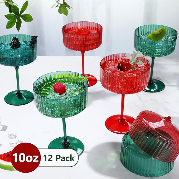 12 Pcs Ribbed Martini Glasses 10 oz Disposable Plastic Vintage Ribbed Coupe Glasses Unbreakable Dessert Parfait Glassware for Wedding Birthday Party Supplies (Red and Green)